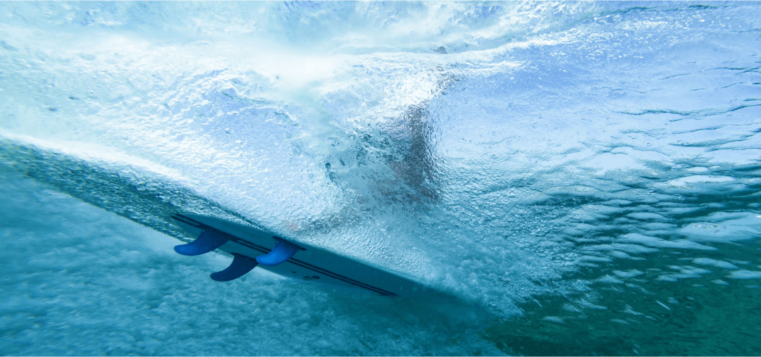 Torq Surfboard von unten mit Roam Surffinnen